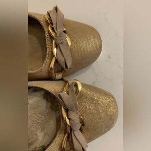 Nina Flats with Chain & Bow Detail in Glitter Fabric and Leather